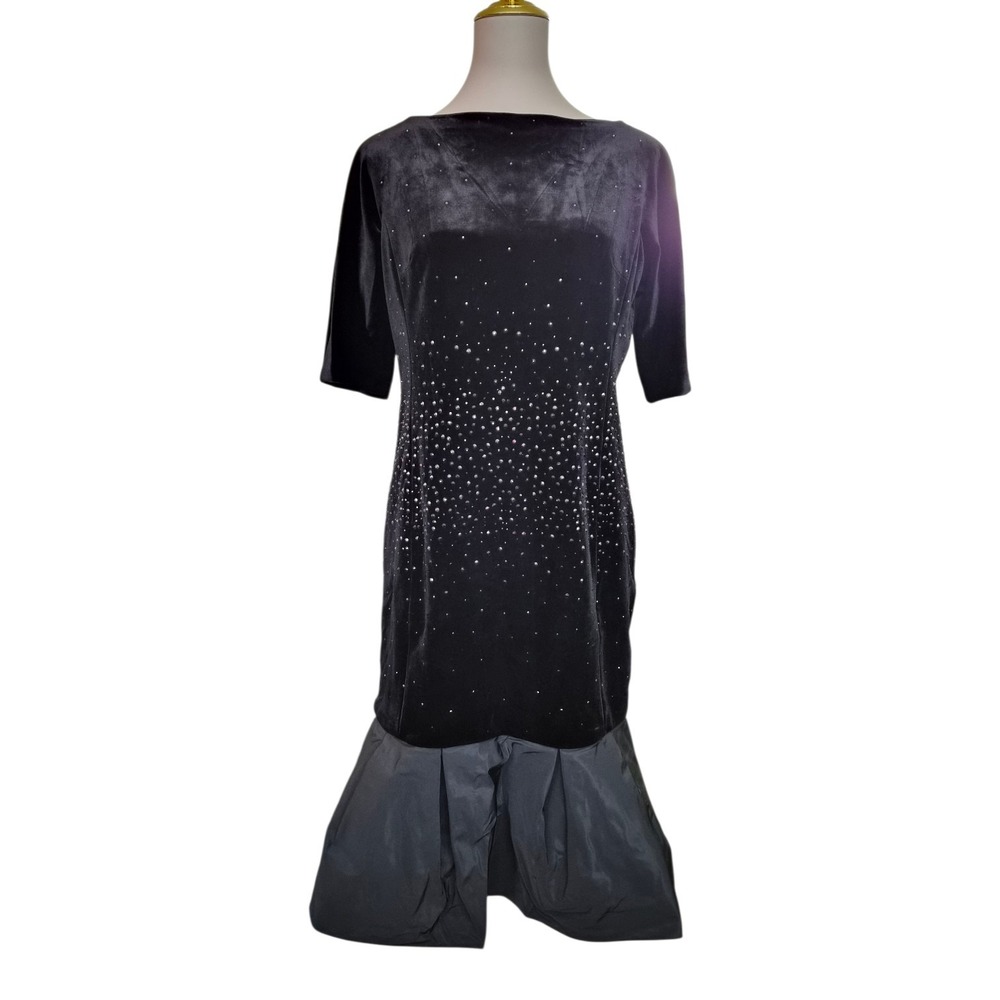 Teri Jon Black Velvet Cocktail Dress Size‎ 10 Rhinestone Embellished NWT